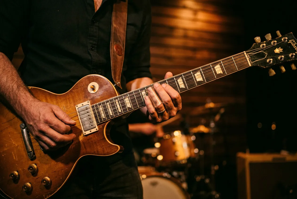 Close-up of a sunburst electric guitar being played, drum kit behind