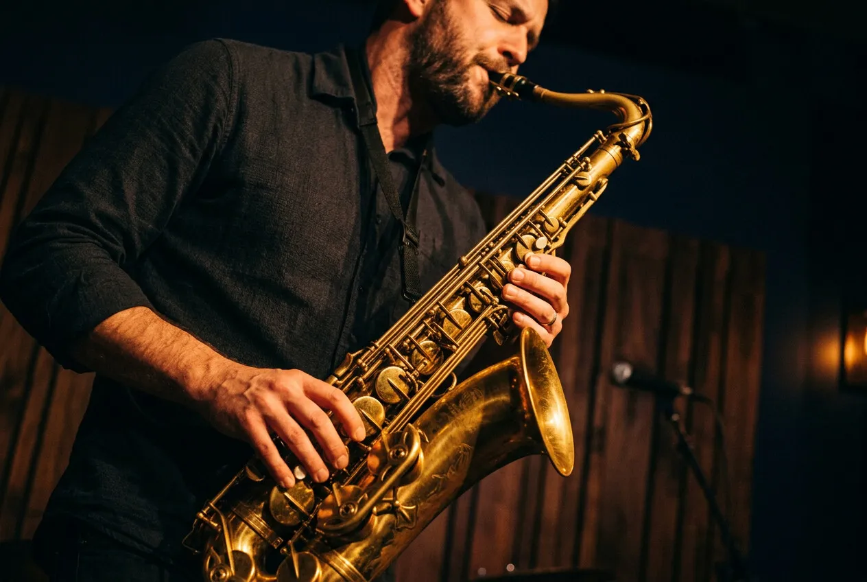 A saxophonist playing a brass tenor sax in front of a timber wall